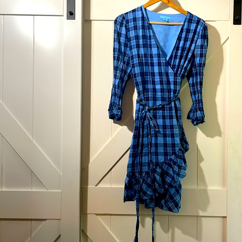 Draper James Reba blue plaid wrap dress